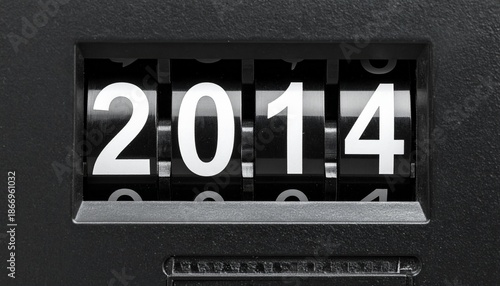 Black and White Close-up of a Mechanical Counter Displaying the Year 2014.
