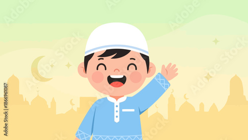 Happy Muslim boy celebrating Eid with joyful wave and smile