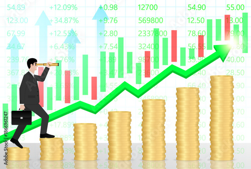 Businessman using Telescope on Coin Stack looking for New Opportunity. Business Opportunity and Future Career Concept. Vector Illustration.