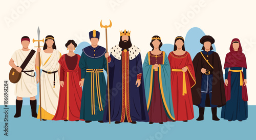 Diverse group of historical figures from different eras and civilizations, including medieval royalty and ancient soldiers.