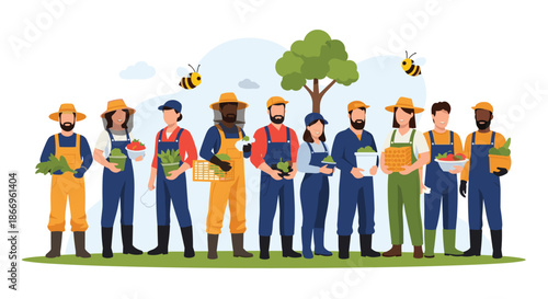 Diverse team of friendly farmers and beekeepers standing together, holding fresh produce and showcasing sustainable agriculture.