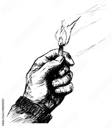 Hand drawn line art illustration of a hand depicting a lit match for concepts of light and danger