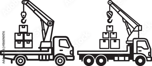 Crane Truck Icon Set for Logistics and Cargo Delivery Services with Moving Boxes and Industrial Machinery