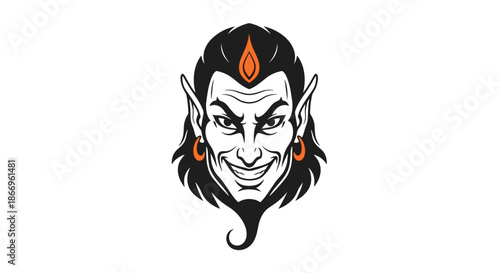 Monochrome mascot logo of a mischievous genie's head with pointed ears, a wicked smile, and a soul patch on his chin.