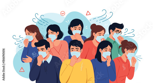 Group of diverse people wearing face masks and coughing, illustrating the spread of airborne illness, flu, or a virus pandemic.