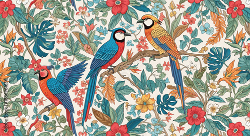Vibrant and detailed seamless pattern with colorful parrots and tropical flowers on a light background in a beautiful vintage style.