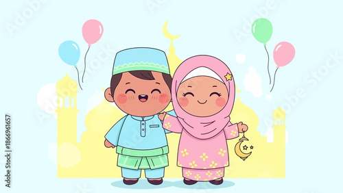 Happy Muslim kids celebrating Eid with balloons and mosque background