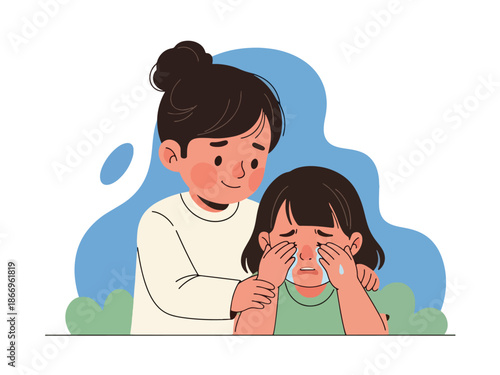 Modern flat illustration of a child showing empathy by comforting a friend, ideal for mental health education, parenting materials, and emotional learning content