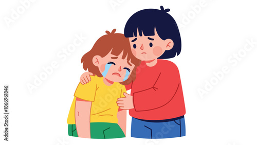 Modern flat illustration of a child showing empathy by comforting a friend, ideal for mental health education, parenting materials, and emotional learning content