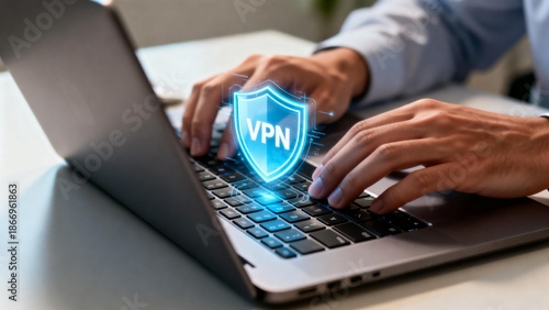 Hands typing on laptop with VPN icon