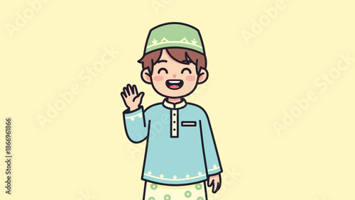 Smiling young boy in traditional Malay attire waving happily