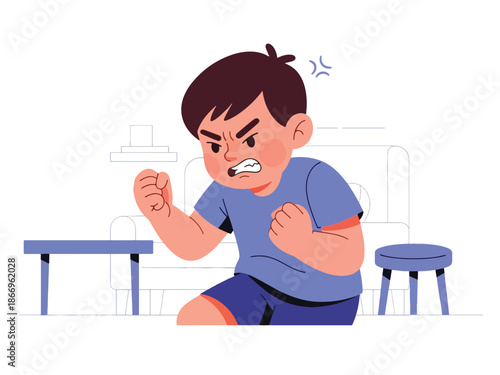 Flat vector illustration of an angry child with expressive gestures, ideal for emotional education, behavior guides, and parenting resources
