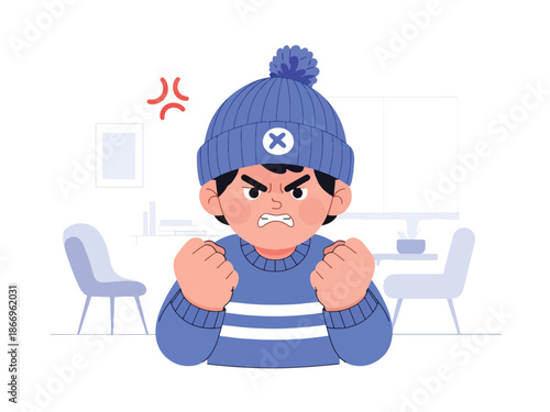 Flat vector illustration of an angry child with expressive gestures, ideal for emotional education, behavior guides, and parenting resources