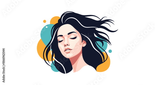 Beautiful serene woman with her eyes closed and long dark hair flowing in the wind, against a background of abstract shapes.