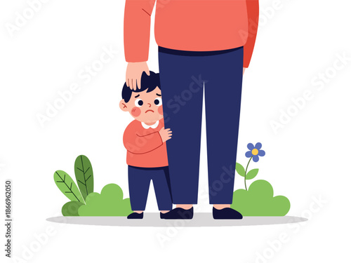 Modern flat design of a shy child behind parent with gentle body language, ideal for social emotion lessons, parenting materials, and child development content