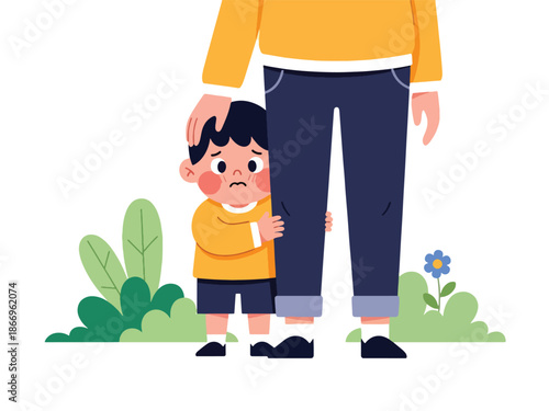 Modern flat design of a shy child behind parent with gentle body language, ideal for social emotion lessons, parenting materials, and child development content