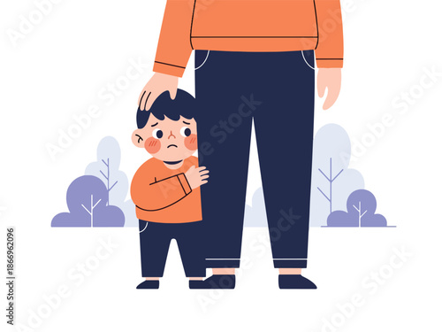 Modern flat design of a shy child behind parent with gentle body language, ideal for social emotion lessons, parenting materials, and child development content