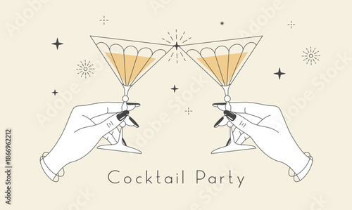 Line art hands with cocktails and firework. Cocktail party. Celebration toast with two cocktail glasses. Vector illustration
