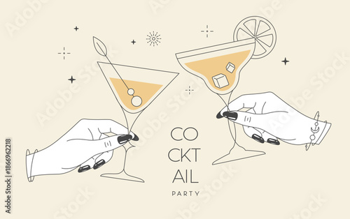 Line art hands with cocktails and firework. Cocktail party. Celebration toast with two cocktail glasses. Vector illustration