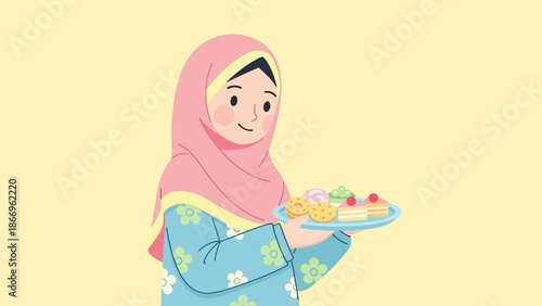 Muslim woman in hijab offering traditional sweet treats