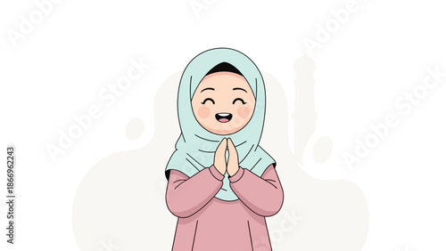 Smiling woman in hijab with hands together in prayer or greeting