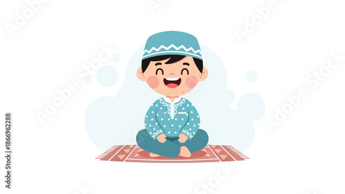 Happy little Muslim boy smiling while sitting on prayer mat
