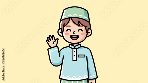 Smiling young boy in traditional attire waving happily