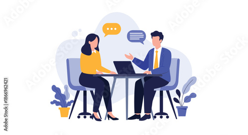 Business colleagues or a job candidate and recruiter having a professional conversation during a meeting or interview in an office.