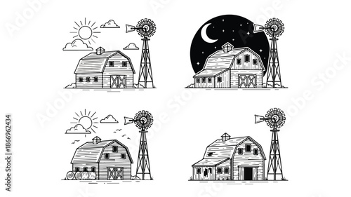 A set of four black and white illustrations of a barn and windmill in different daytime and nighttime settings.