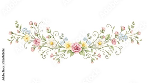Elegant floral border with roses and daisies on white background