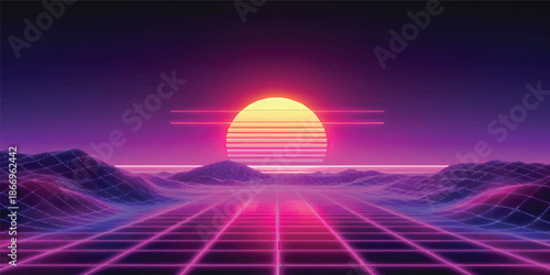 An orange sunset reflects over a summer ocean as a ufo and space station drift from the glowing sun toward a red horizon