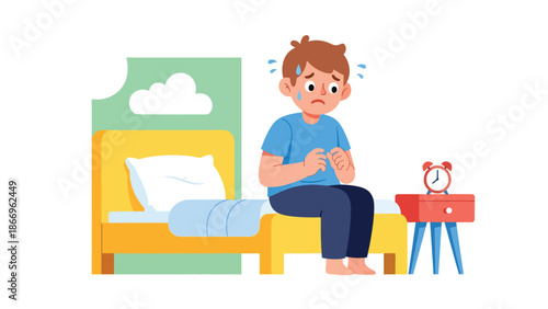 Modern flat illustration of an anxious child with subtle worried gestures, ideal for mental health education and emotional awareness materials