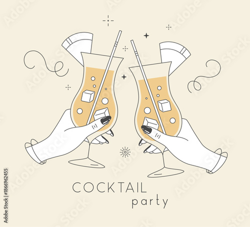 Line art hands with cocktails and firework. Cocktail party. Celebration toast with two cocktail glasses. Vector illustration
