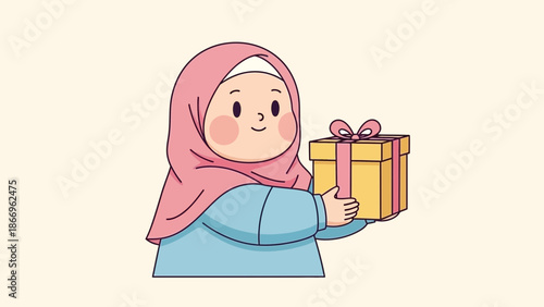 Smiling woman in hijab happily holding a gift box