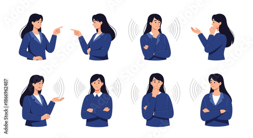 Set of eight illustrations showing a businesswoman in various poses and expressions, such as pointing, thinking, and listening.