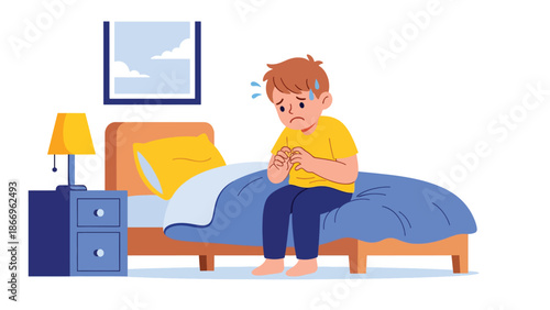 Modern flat illustration of an anxious child with subtle worried gestures, ideal for mental health education and emotional awareness materials