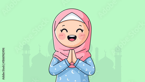 Smiling Muslim girl in pink hijab with hands together in prayer