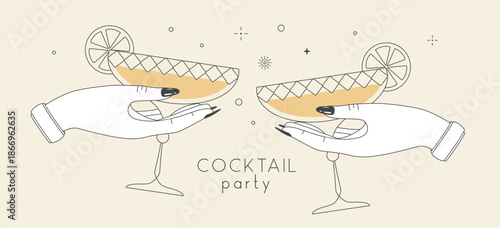 Line art hands with cocktails and firework. Cocktail party. Celebration toast with two cocktail glasses. Vector illustration
