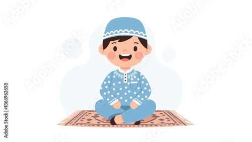 Happy little boy in traditional Islamic clothing sitting on prayer mat