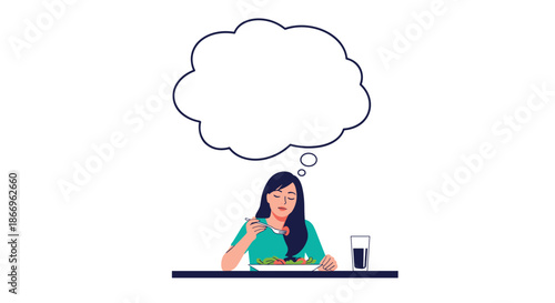 Young woman eating a healthy salad with a large empty thought bubble above her head, perfect for adding custom text or ideas.