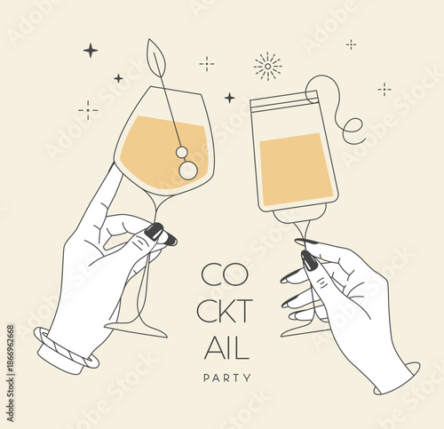 Line art hands with cocktails and firework. Cocktail party. Celebration toast with two cocktail glasses. Vector illustration