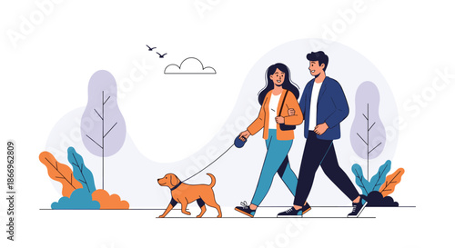 Happy young couple walking together arm-in-arm with their pet dog on a leash in a beautiful city park with trees.