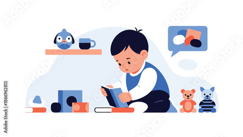 Modern flat illustration of a curious child exploring an object, ideal for education, learning materials, and early childhood development visuals