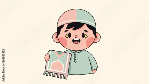 Happy young boy holding prayer mat in traditional Islamic outfit