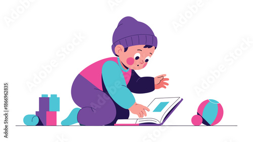 Modern flat illustration of a curious child exploring an object, ideal for education, learning materials, and early childhood development visuals