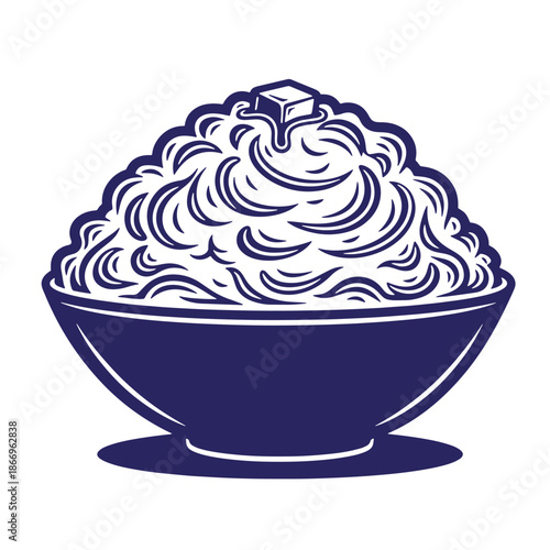 Illustration of a blue bowl filled with whipped cream and a sugar cube on top  dessert concept