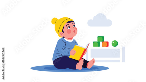Modern flat illustration of a curious child exploring an object, ideal for education, learning materials, and early childhood development visuals