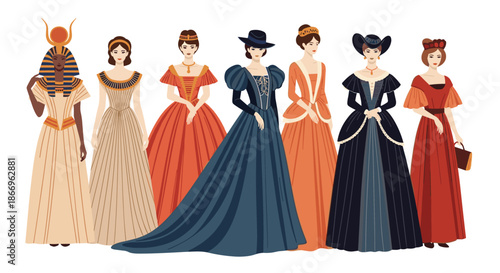 Collection of women in beautiful historical dresses from different eras, showcasing the evolution of fashion through time.