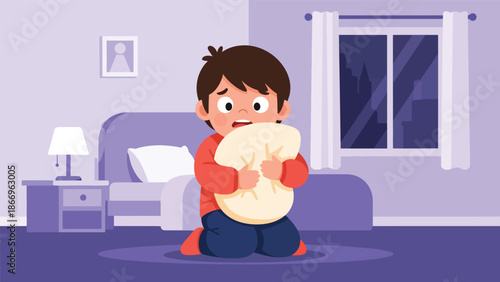 Flat vector artwork of a scared child holding a plush toy, ideal for emotional awareness, health education, and children’s therapy materials