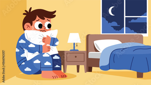 Flat vector artwork of a scared child holding a plush toy, ideal for emotional awareness, health education, and children’s therapy materials